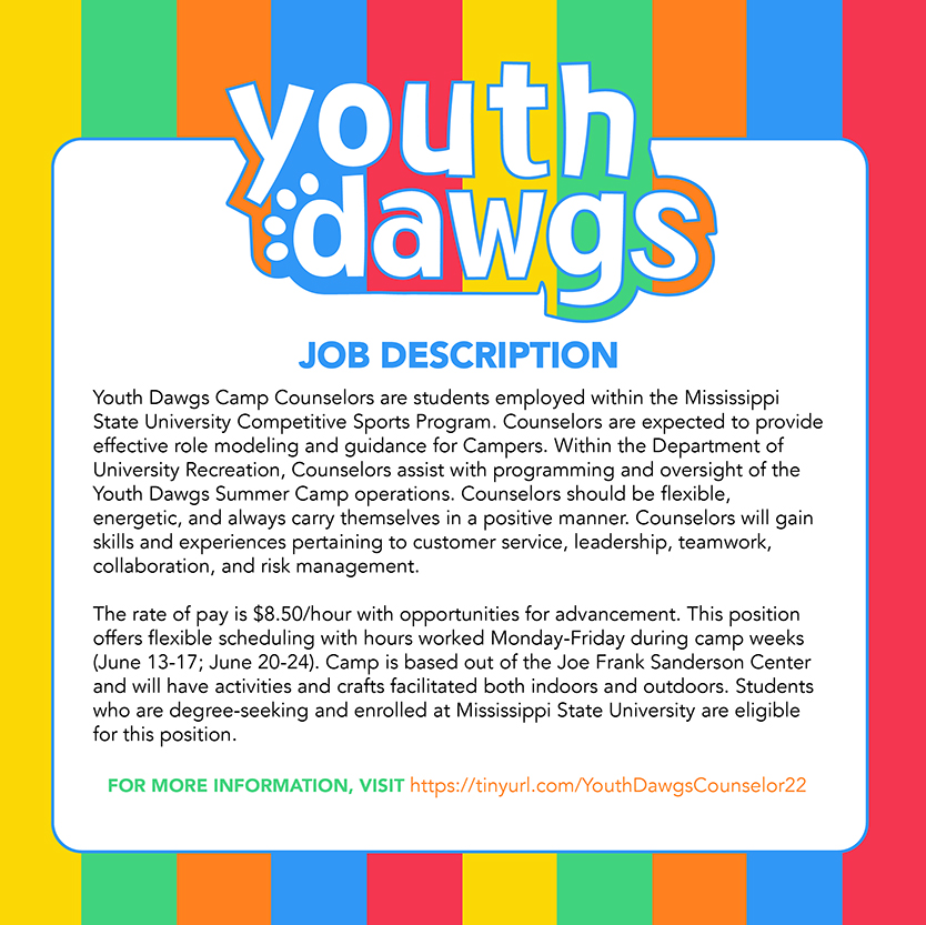 Counselor Registration Deadlines Approaching For Youth Dawgs Summer   Counselor Applications 2 FULL 2 